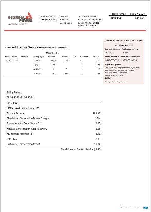 USA Georgia Power business utility bill template in Word and PDF formats, fully editable